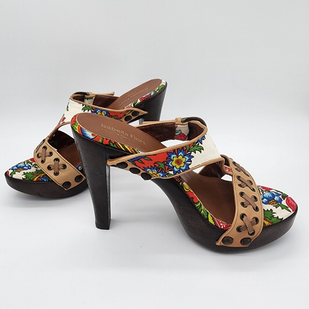 Isabella Fiore Italy Floral Wooden Platform Heel Clogs Sandals Size 5.5 - Picture 5 of 14